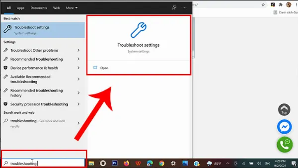 Gõ Khắc phục sự cố vào ô tìm kiếm